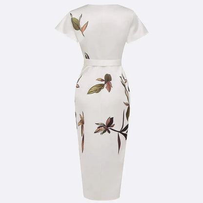 Satin Printed Belted Dress - London Look