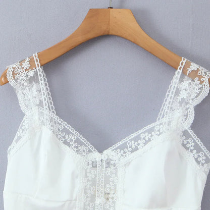 Lace patchwork satin single breasted white top