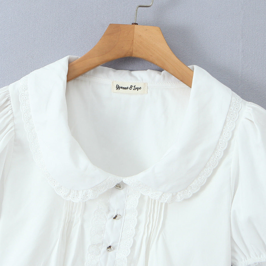 Doll collar lace patchwork bubble sleeves white top