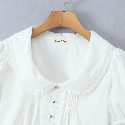 Doll collar lace patchwork bubble sleeves white top