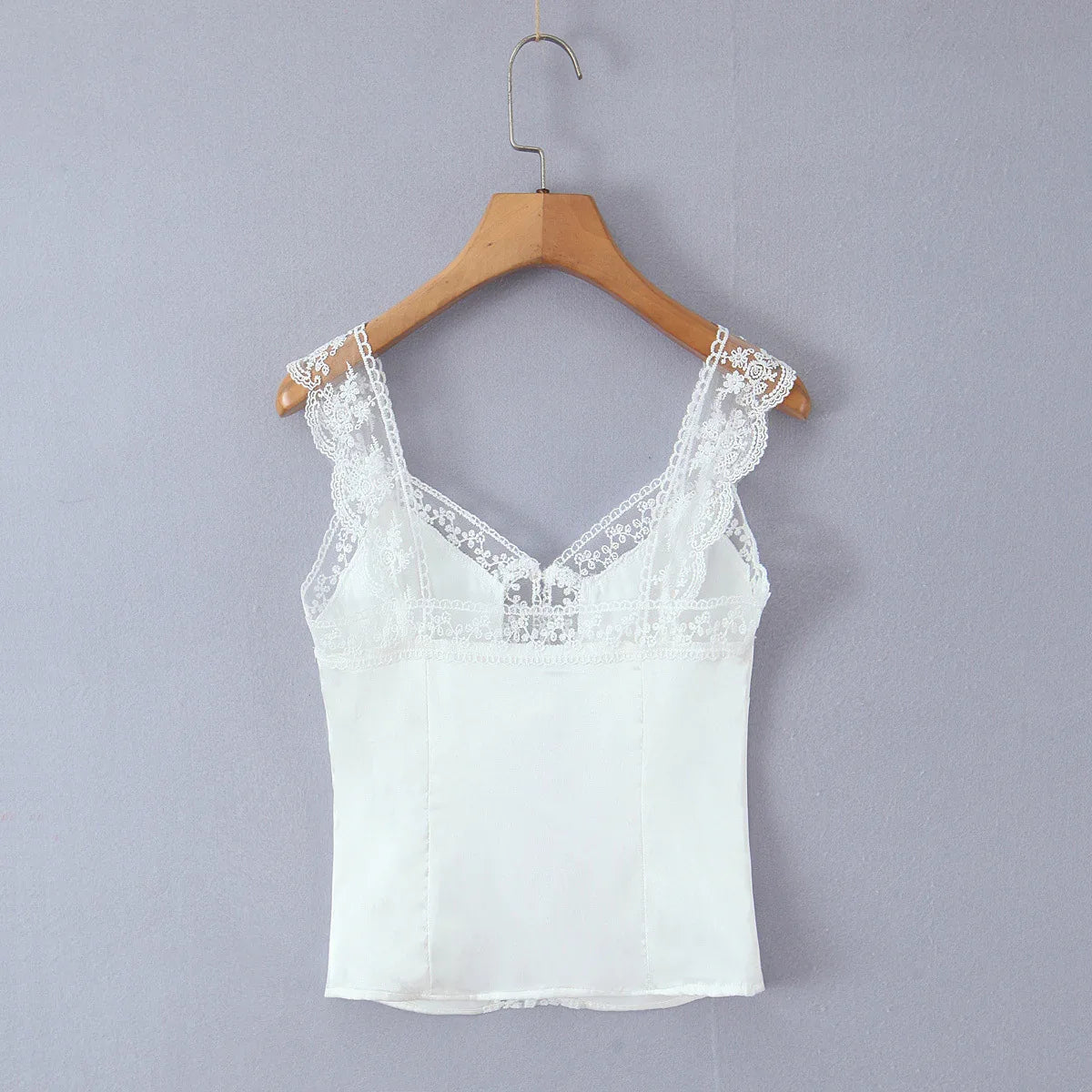 Lace patchwork satin single breasted white top