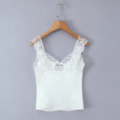 Lace patchwork satin single breasted white top