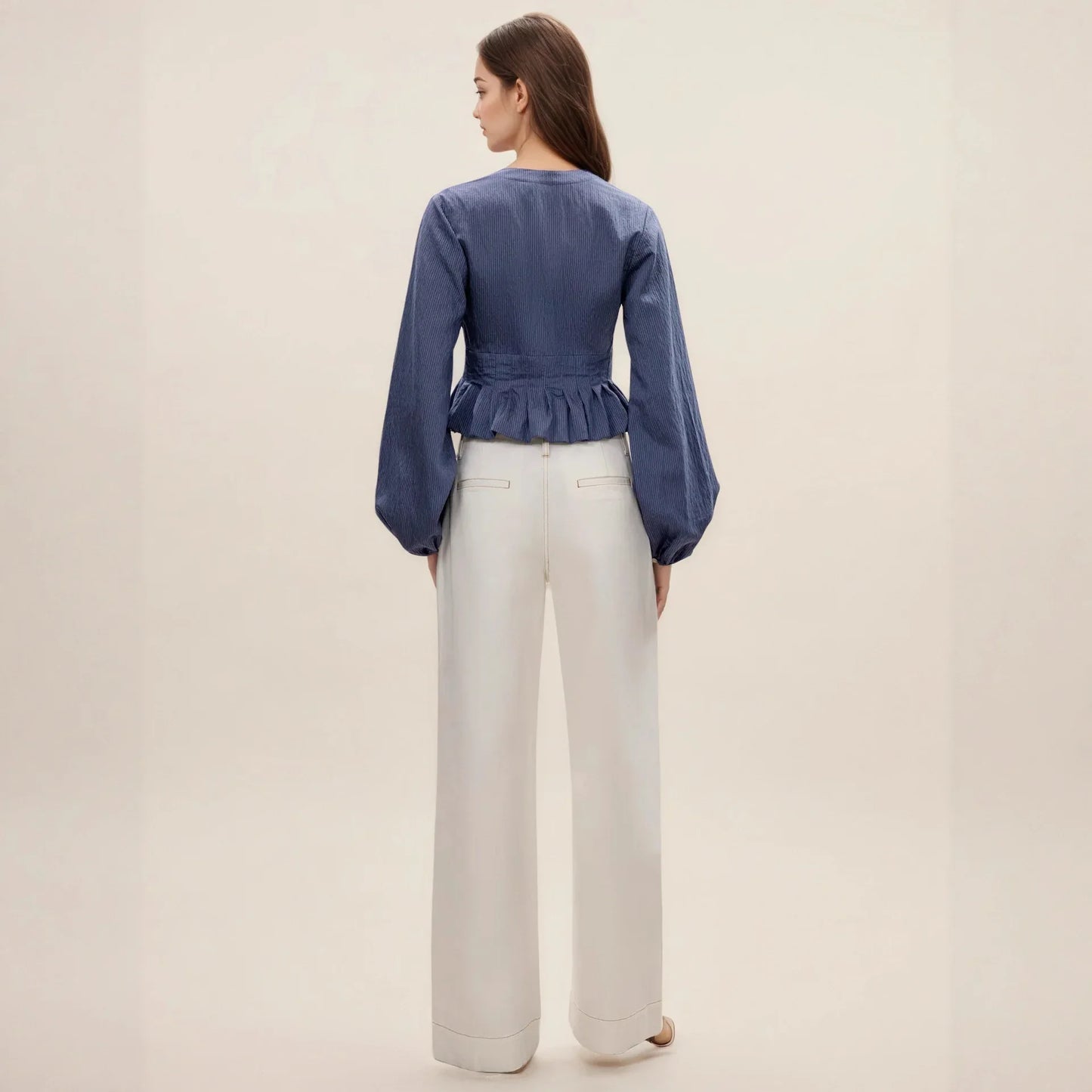 V-neck drawstring ruffle side length sleeve top