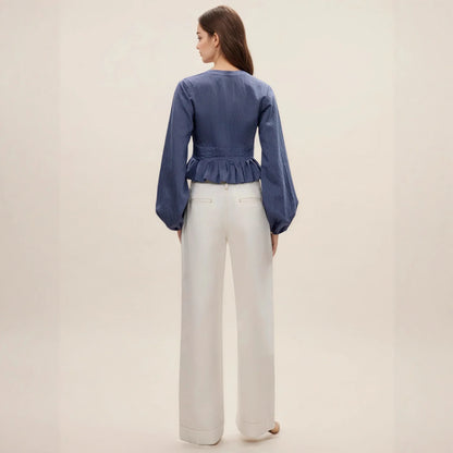 V-neck drawstring ruffle side length sleeve top