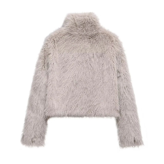 Street long sleeved stand up collar fur coat - London Look