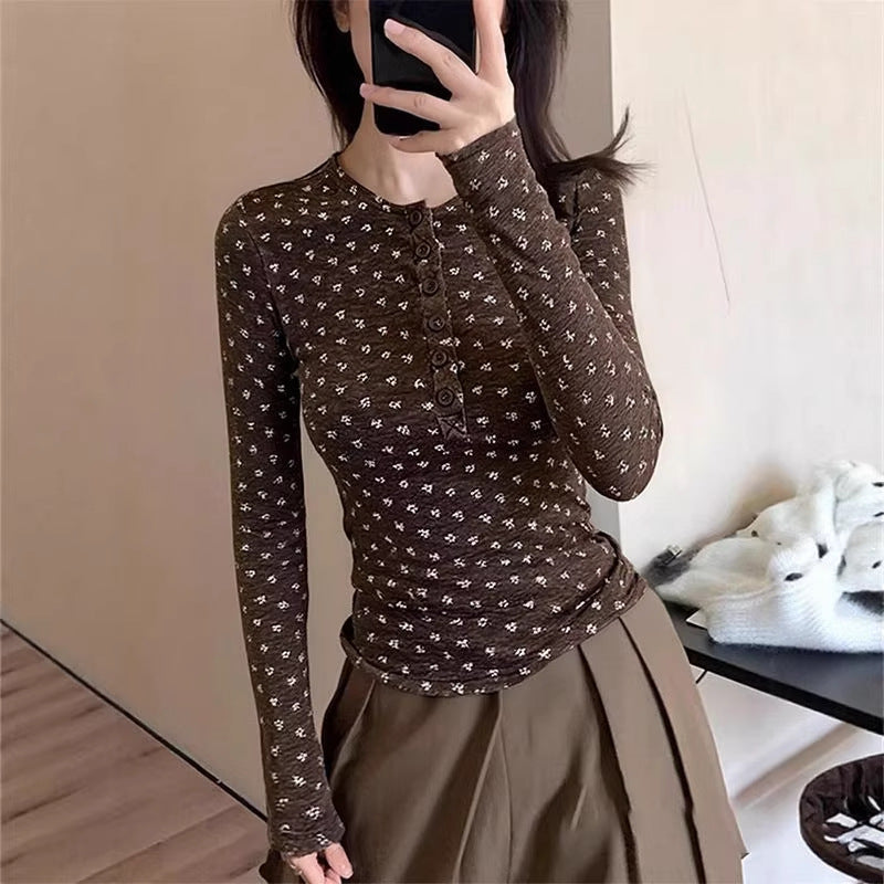 Chic Brown Floral Half-Open Collar Regular Shoulder Long Sleeve T-Shirt for Women