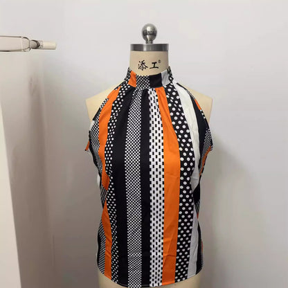 Fashionable Style Printed Off-Shoulder Stand-Up Collar Halter Top
