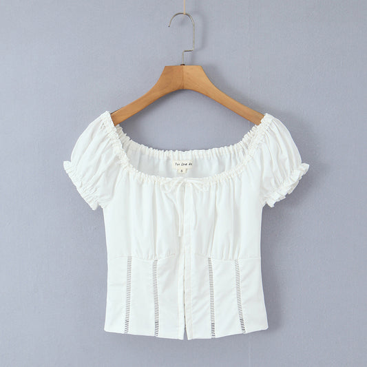 Vintage style black fungus lace up hollow lace short sleeved top