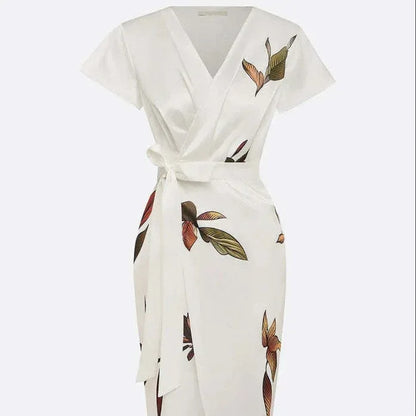 Satin Printed Belted Dress - London Look