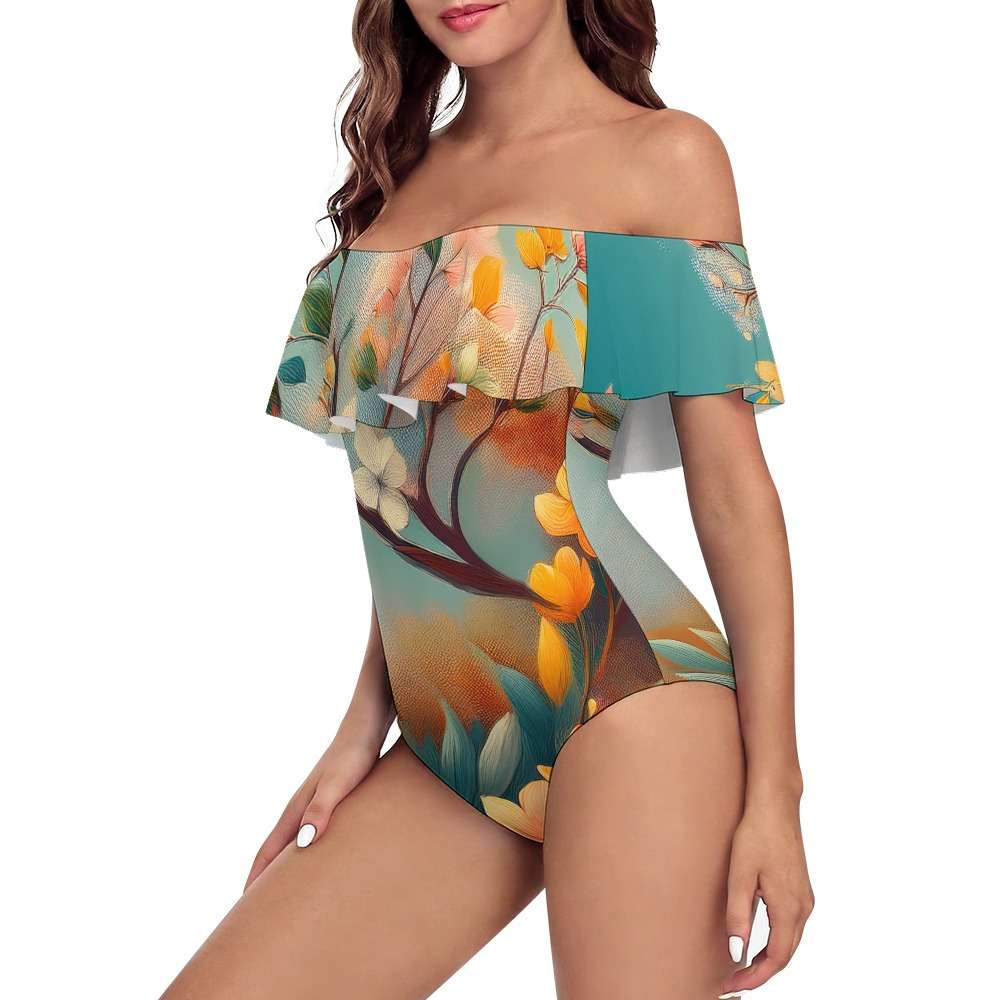 Off-Shoulder Ruffle One-Piece Swimsuit Inkedjoy