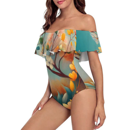 Off-Shoulder Ruffle One-Piece Swimsuit Inkedjoy