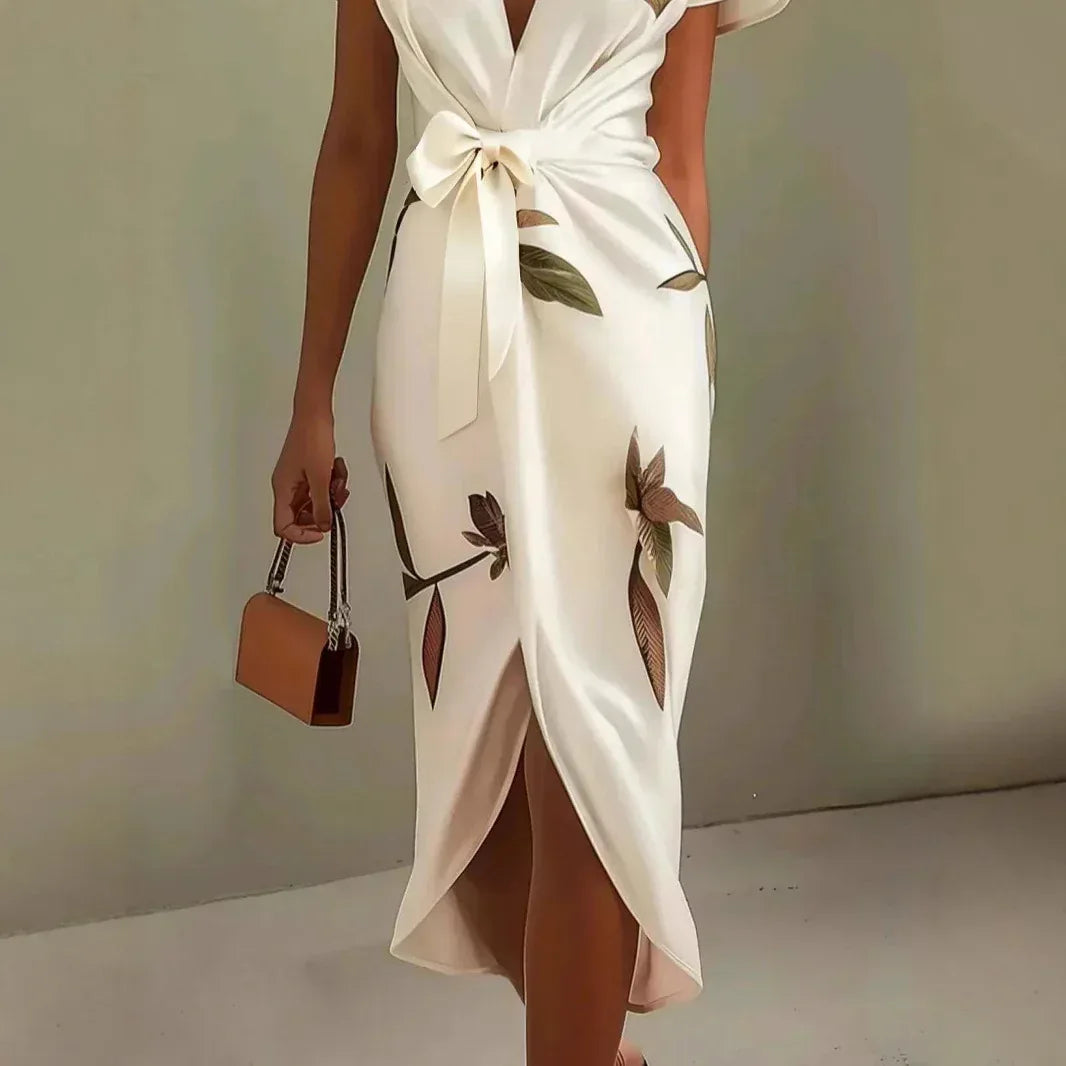 Satin Printed Belted Dress - London Look