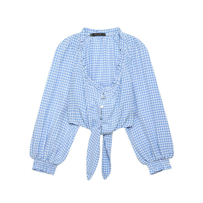 Fresh blue grid short shirt top