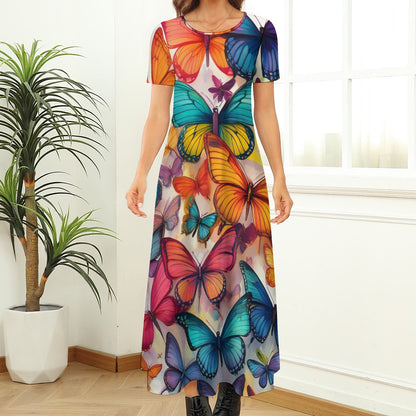 Round Neck Butterfly Short Sleeve Dress (No Pockets) Inkedjoy