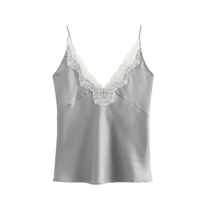 Lace Decorative Satin Texture Strap Top