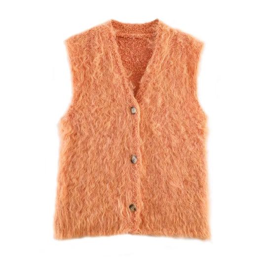 Street V-neck long haired knitted sleeveless vest - London Look