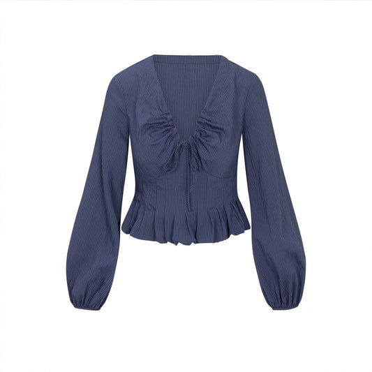 V-neck drawstring ruffle side length sleeve top