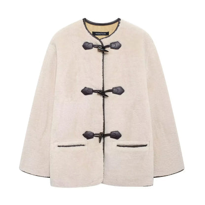 Knot buckle embellished fur effect coat jacket - London Look