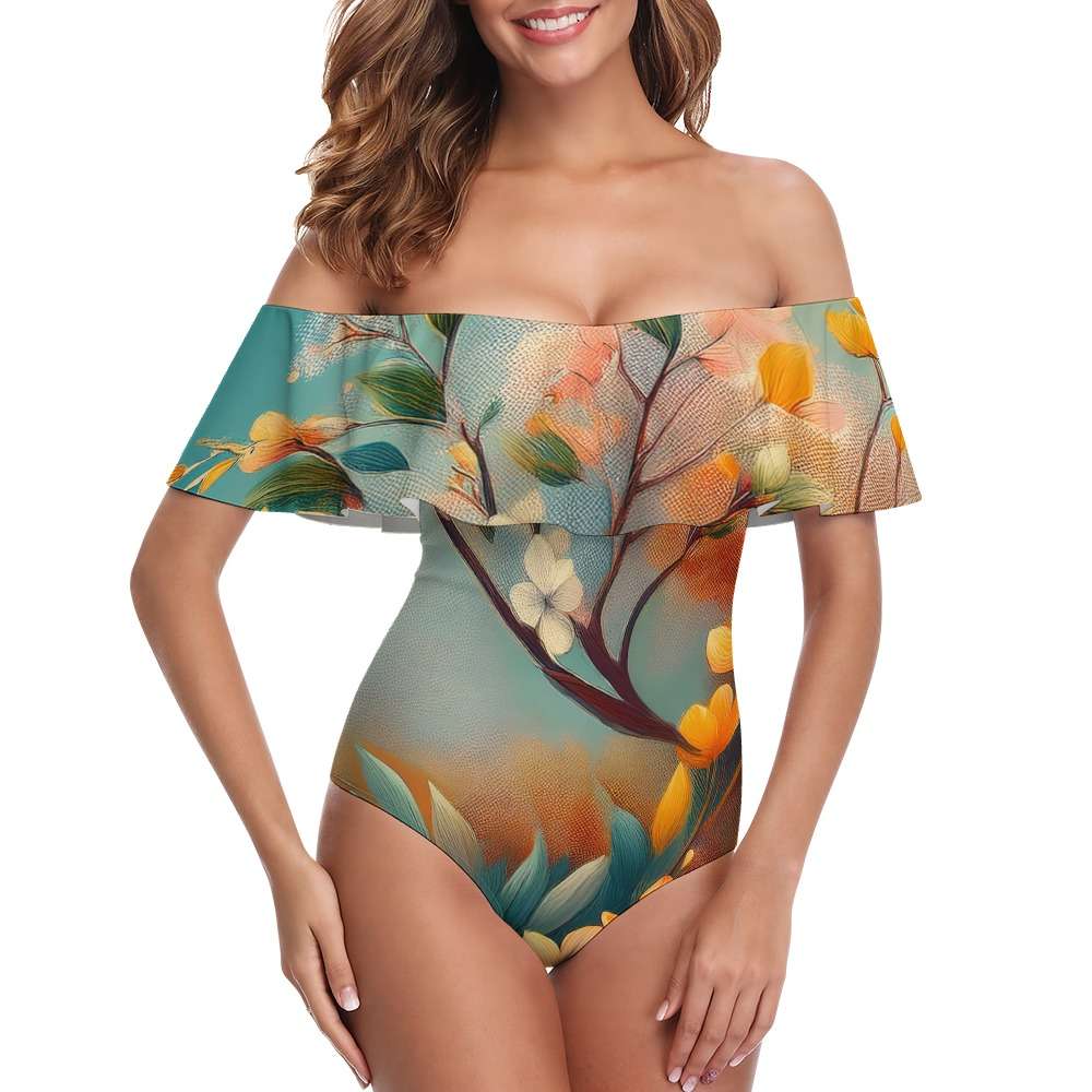 Off-Shoulder Ruffle One-Piece Swimsuit Inkedjoy
