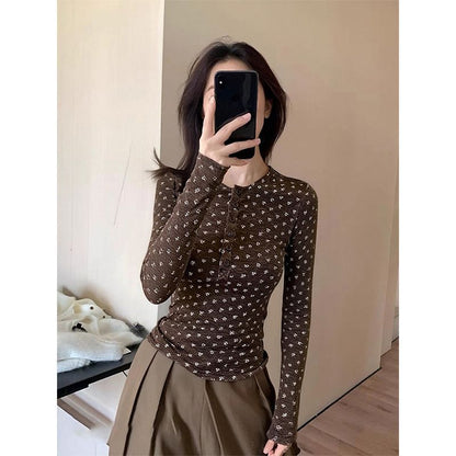 Chic Brown Floral Half-Open Collar Regular Shoulder Long Sleeve T-Shirt for Women
