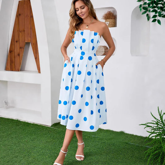 Bodysuit Backless Pockets Tie-up Midi Dress with Large Polka Dots for Wedding and Office Summer Wear