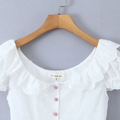 Retro lace collar with bubble sleeves slim fit single breasted top