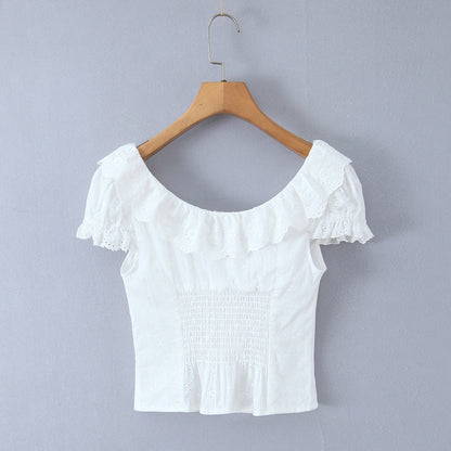 Retro lace collar with bubble sleeves slim fit single breasted top