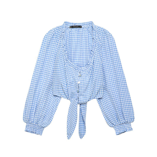 Fresh blue grid short shirt top