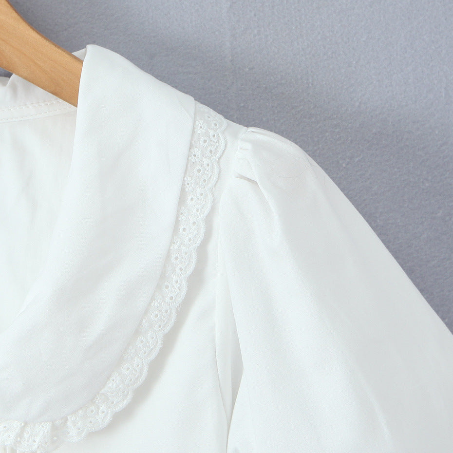 Doll collar lace patchwork bubble sleeves white top
