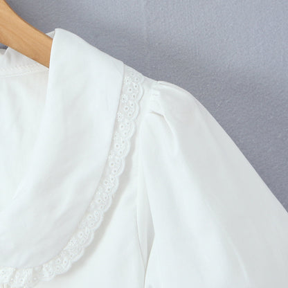Doll collar lace patchwork bubble sleeves white top