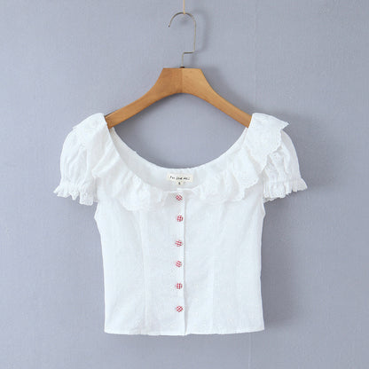 Retro lace collar with bubble sleeves slim fit single breasted top