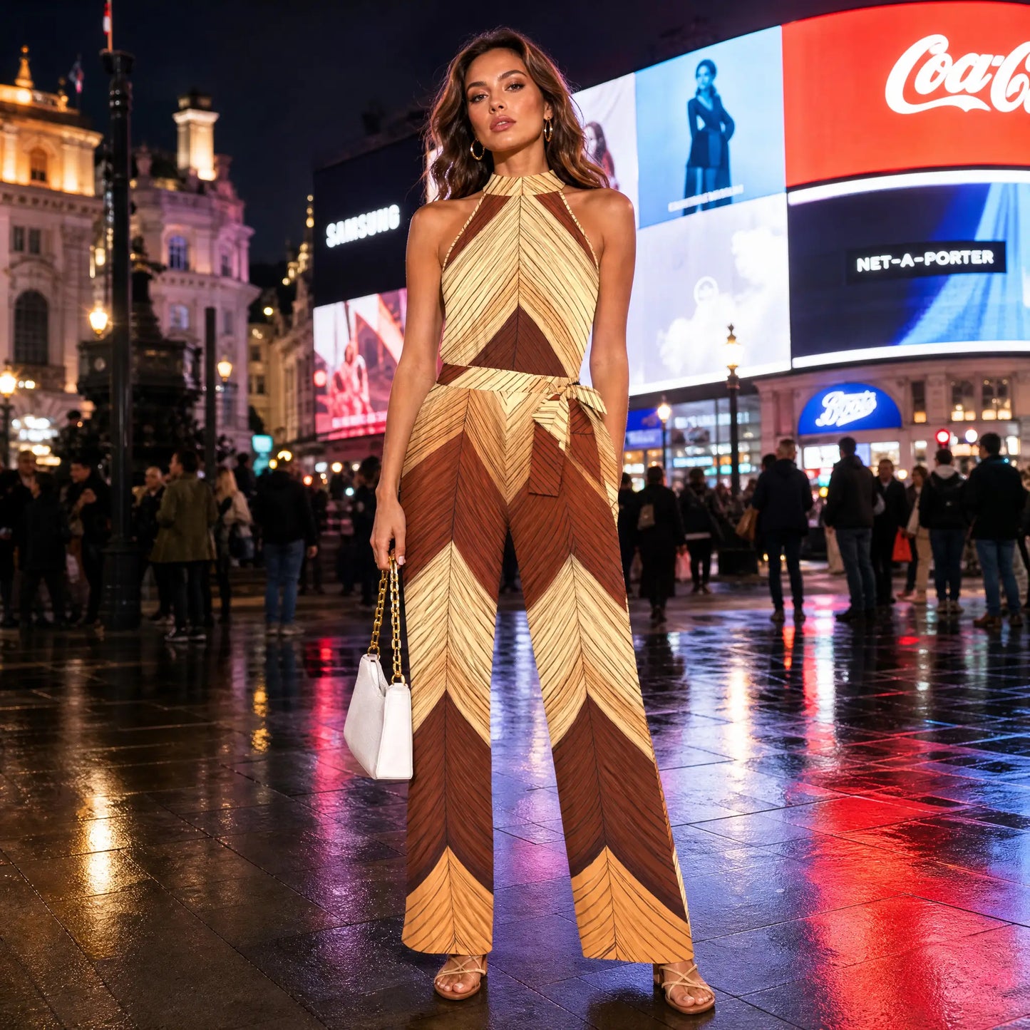 Neck Tie Jumpsuit Brown-Beige