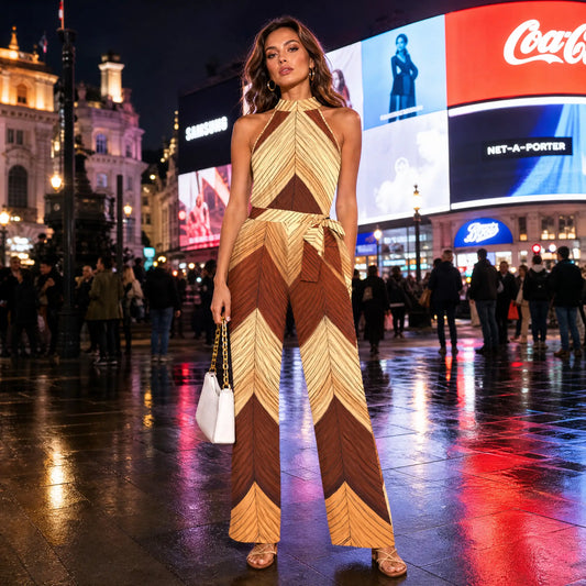 Neck Tie Jumpsuit Brown-Beige