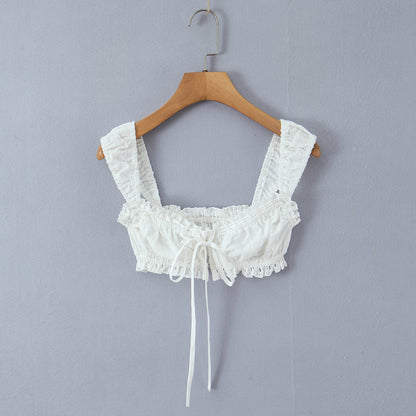Strap lace border exposed navel white camisole vest