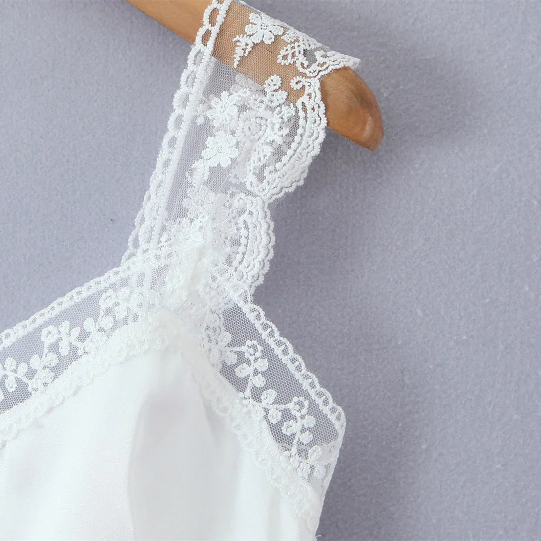 Lace patchwork satin single breasted white top