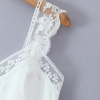 Lace patchwork satin single breasted white top