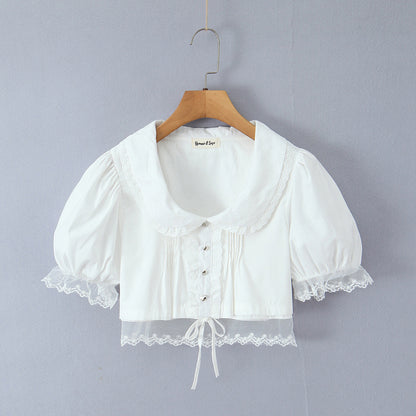 Doll collar lace patchwork bubble sleeves white top