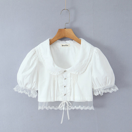 Doll collar lace patchwork bubble sleeves white top