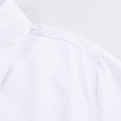 Simple all cotton Oxford long sleeved waist cinched collared shirt