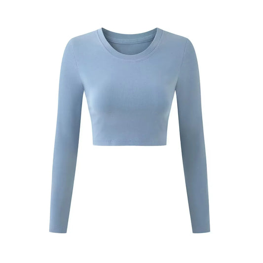 Round neck exposed navel short long sleeved pullover t-shirt - London Look