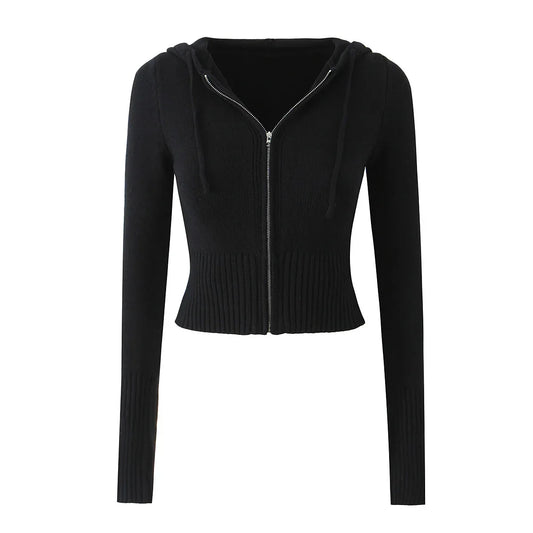 Elastic slim fit drawstring hooded zipper top - London Look