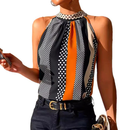 Fashionable Style Printed Off-Shoulder Stand-Up Collar Halter Top