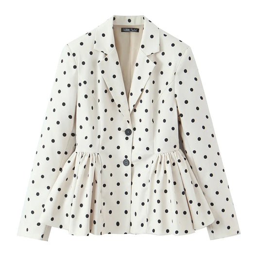 Elegant fluffy flower bud hem polka dot suit jacket - London Look