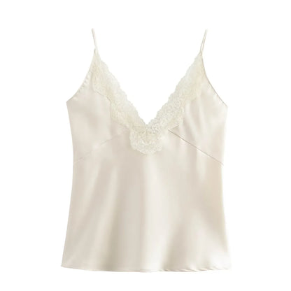 Lace Decorative Satin Texture Strap Top