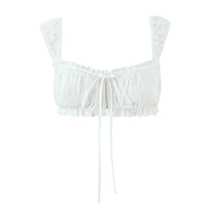 Strap lace border exposed navel white camisole vest
