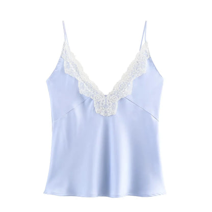 Lace Decorative Satin Texture Strap Top