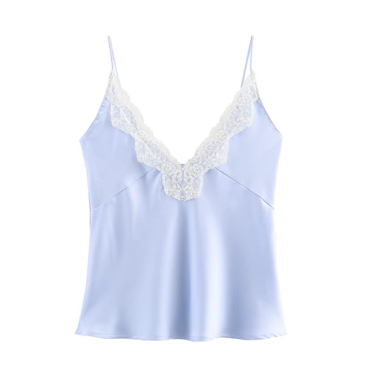 Lace Decorative Satin Texture Strap Top