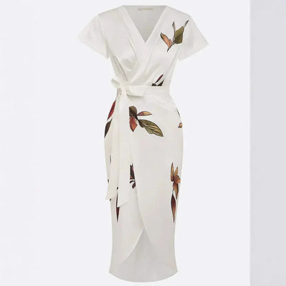 Satin Printed Belted Dress - London Look