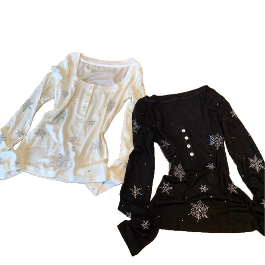 Snowflake Rhinestone Half-Open Collar Long Sleeve T-Shirt