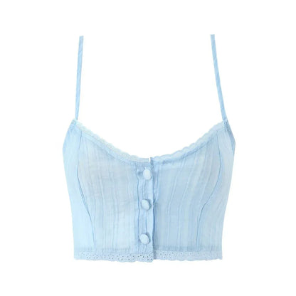 Single breasted lace trimmed crop top with exposed navel straps